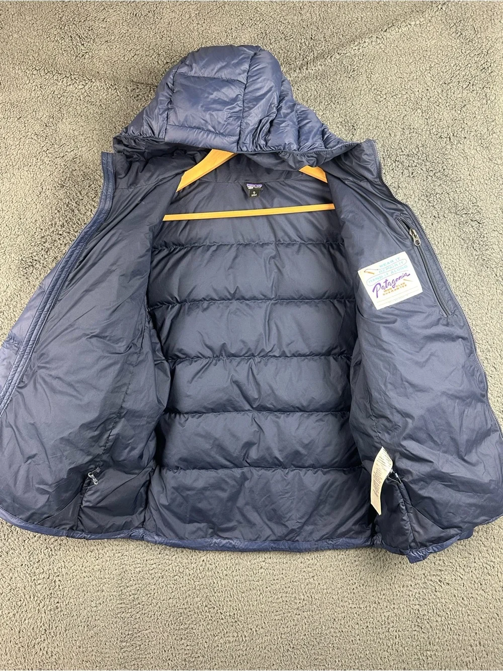 Patagonia Kids XL 14 Hi-Loft Down Hoody Navy Blue Puffer Jacket FLAW